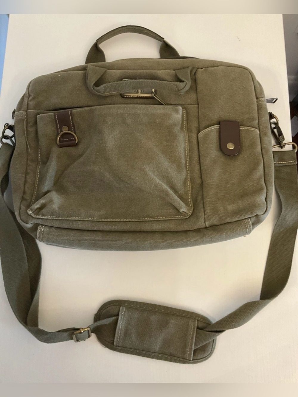 Triple Tree Messenger / Computer Bag Vintage Canvas Top Handle Adjustable Strap